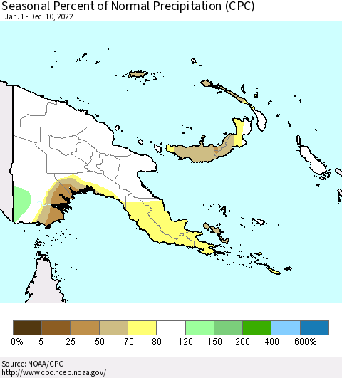 Papua New Guinea Seasonal Percent of Normal Precipitation (CPC) Thematic Map For 1/1/2022 - 12/10/2022