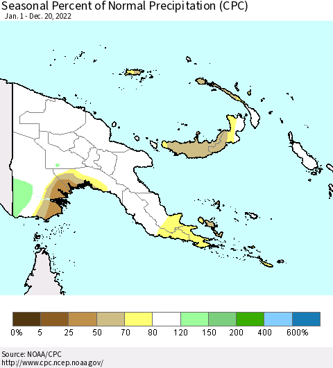 Papua New Guinea Seasonal Percent of Normal Precipitation (CPC) Thematic Map For 1/1/2022 - 12/20/2022