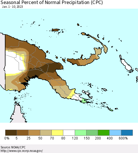 Papua New Guinea Seasonal Percent of Normal Precipitation (CPC) Thematic Map For 1/1/2023 - 1/10/2023
