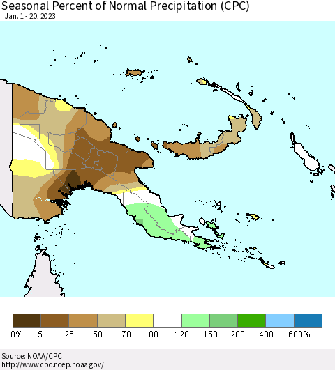 Papua New Guinea Seasonal Percent of Normal Precipitation (CPC) Thematic Map For 1/1/2023 - 1/20/2023