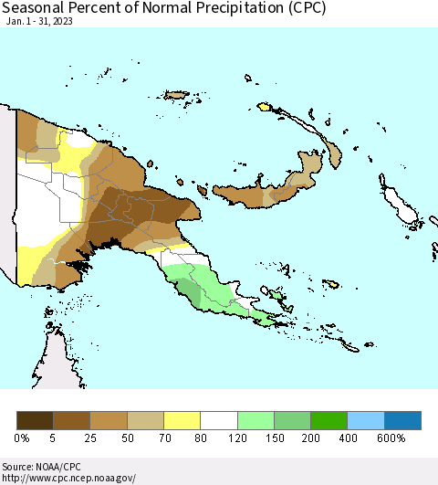Papua New Guinea Seasonal Percent of Normal Precipitation (CPC) Thematic Map For 1/1/2023 - 1/31/2023