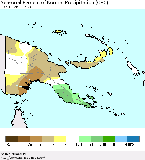 Papua New Guinea Seasonal Percent of Normal Precipitation (CPC) Thematic Map For 1/1/2023 - 2/10/2023