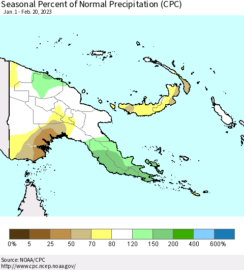 Papua New Guinea Seasonal Percent of Normal Precipitation (CPC) Thematic Map For 1/1/2023 - 2/20/2023