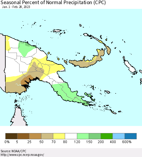Papua New Guinea Seasonal Percent of Normal Precipitation (CPC) Thematic Map For 1/1/2023 - 2/28/2023