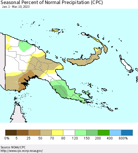 Papua New Guinea Seasonal Percent of Normal Precipitation (CPC) Thematic Map For 1/1/2023 - 3/10/2023