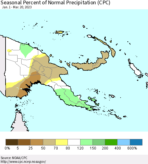 Papua New Guinea Seasonal Percent of Normal Precipitation (CPC) Thematic Map For 1/1/2023 - 3/20/2023