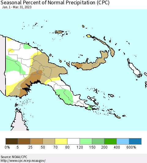 Papua New Guinea Seasonal Percent of Normal Precipitation (CPC) Thematic Map For 1/1/2023 - 3/31/2023
