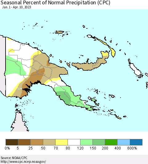 Papua New Guinea Seasonal Percent of Normal Precipitation (CPC) Thematic Map For 1/1/2023 - 4/10/2023