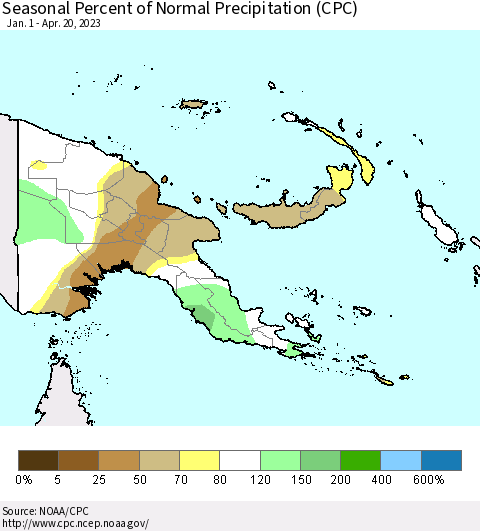 Papua New Guinea Seasonal Percent of Normal Precipitation (CPC) Thematic Map For 1/1/2023 - 4/20/2023