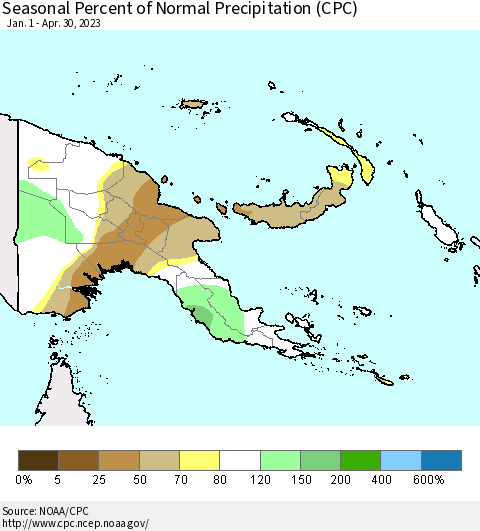 Papua New Guinea Seasonal Percent of Normal Precipitation (CPC) Thematic Map For 1/1/2023 - 4/30/2023