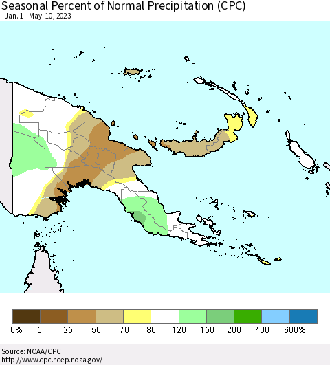 Papua New Guinea Seasonal Percent of Normal Precipitation (CPC) Thematic Map For 1/1/2023 - 5/10/2023