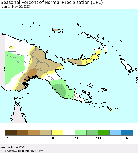 Papua New Guinea Seasonal Percent of Normal Precipitation (CPC) Thematic Map For 1/1/2023 - 5/20/2023