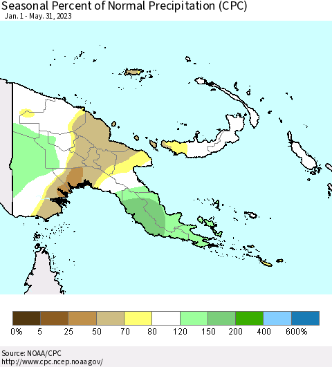 Papua New Guinea Seasonal Percent of Normal Precipitation (CPC) Thematic Map For 1/1/2023 - 5/31/2023