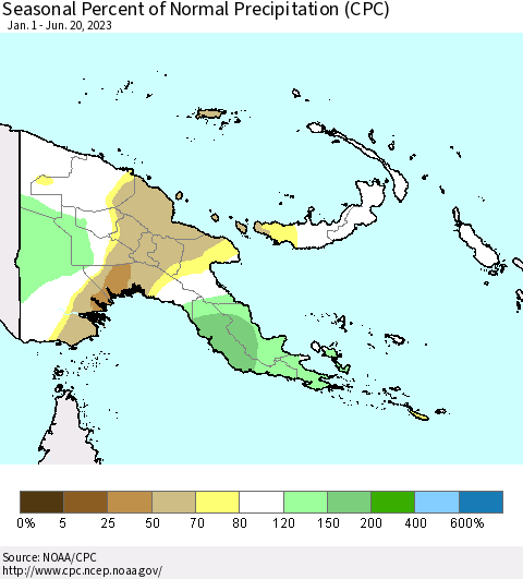 Papua New Guinea Seasonal Percent of Normal Precipitation (CPC) Thematic Map For 1/1/2023 - 6/20/2023