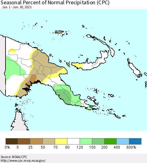 Papua New Guinea Seasonal Percent of Normal Precipitation (CPC) Thematic Map For 1/1/2023 - 6/30/2023