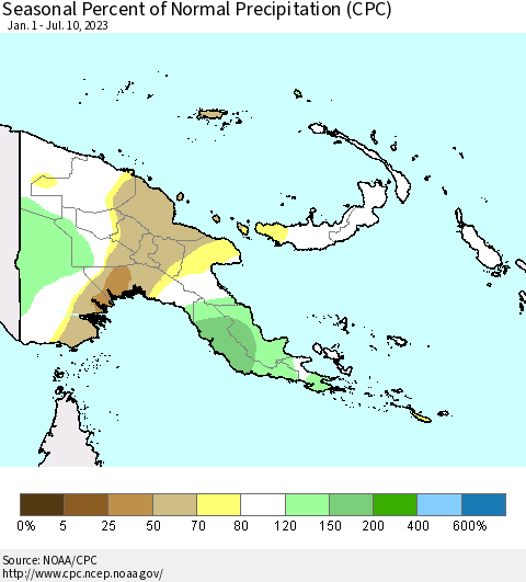 Papua New Guinea Seasonal Percent of Normal Precipitation (CPC) Thematic Map For 1/1/2023 - 7/10/2023