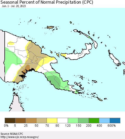 Papua New Guinea Seasonal Percent of Normal Precipitation (CPC) Thematic Map For 1/1/2023 - 7/20/2023