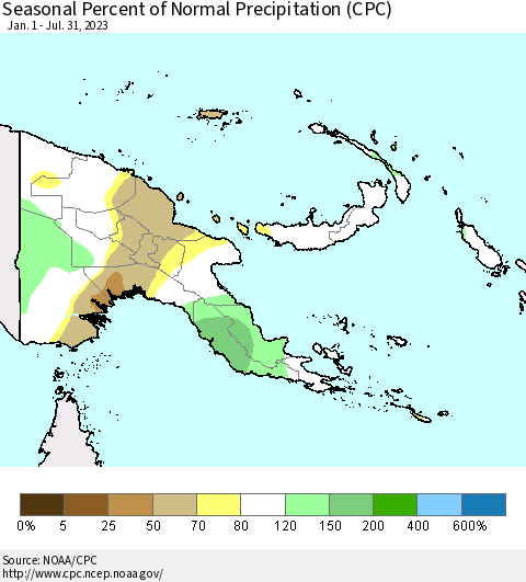 Papua New Guinea Seasonal Percent of Normal Precipitation (CPC) Thematic Map For 1/1/2023 - 7/31/2023