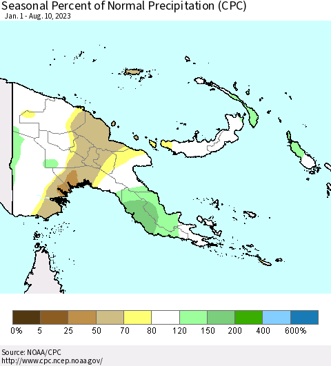Papua New Guinea Seasonal Percent of Normal Precipitation (CPC) Thematic Map For 1/1/2023 - 8/10/2023