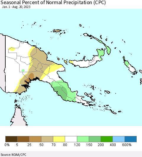 Papua New Guinea Seasonal Percent of Normal Precipitation (CPC) Thematic Map For 1/1/2023 - 8/20/2023