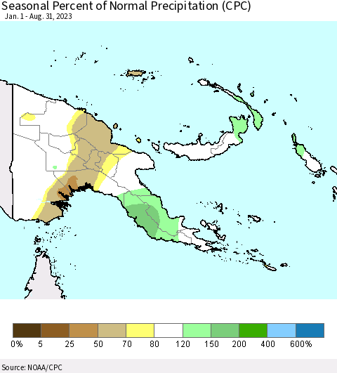 Papua New Guinea Seasonal Percent of Normal Precipitation (CPC) Thematic Map For 1/1/2023 - 8/31/2023