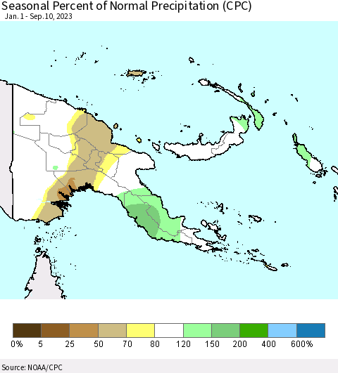Papua New Guinea Seasonal Percent of Normal Precipitation (CPC) Thematic Map For 1/1/2023 - 9/10/2023
