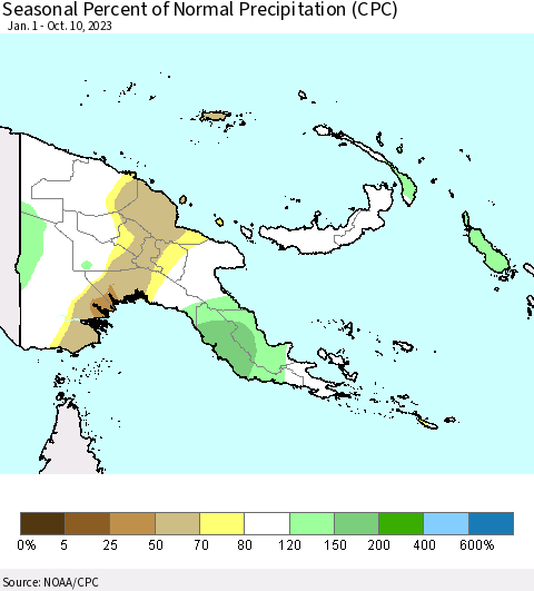 Papua New Guinea Seasonal Percent of Normal Precipitation (CPC) Thematic Map For 1/1/2023 - 10/10/2023
