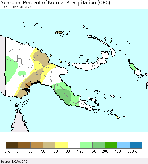 Papua New Guinea Seasonal Percent of Normal Precipitation (CPC) Thematic Map For 1/1/2023 - 10/20/2023