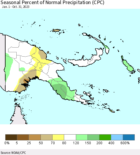 Papua New Guinea Seasonal Percent of Normal Precipitation (CPC) Thematic Map For 1/1/2023 - 10/31/2023