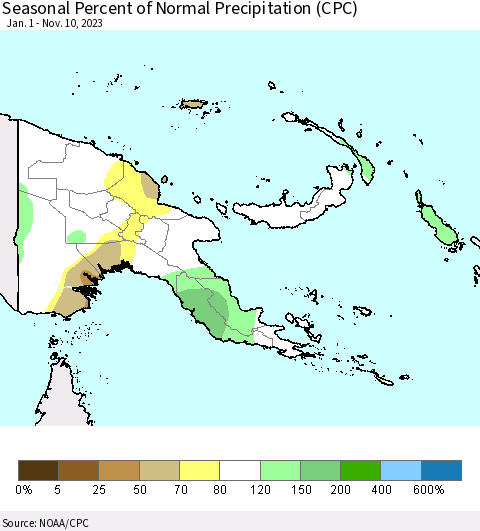 Papua New Guinea Seasonal Percent of Normal Precipitation (CPC) Thematic Map For 1/1/2023 - 11/10/2023