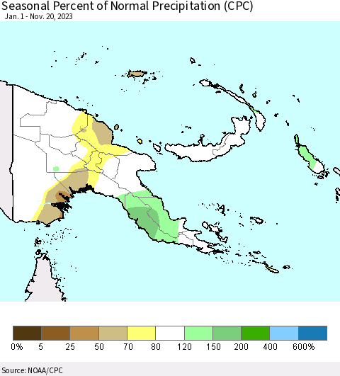 Papua New Guinea Seasonal Percent of Normal Precipitation (CPC) Thematic Map For 1/1/2023 - 11/20/2023