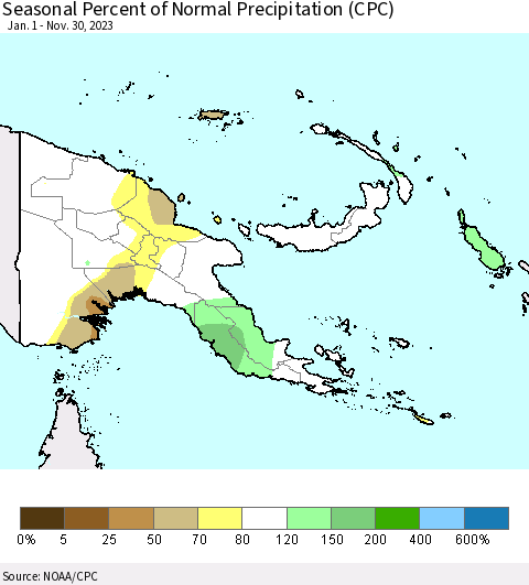 Papua New Guinea Seasonal Percent of Normal Precipitation (CPC) Thematic Map For 1/1/2023 - 11/30/2023