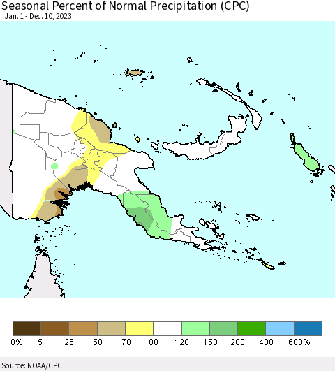 Papua New Guinea Seasonal Percent of Normal Precipitation (CPC) Thematic Map For 1/1/2023 - 12/10/2023