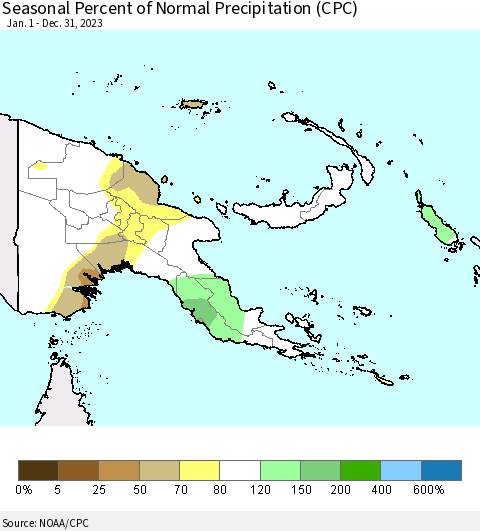 Papua New Guinea Seasonal Percent of Normal Precipitation (CPC) Thematic Map For 1/1/2023 - 12/31/2023