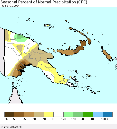 Papua New Guinea Seasonal Percent of Normal Precipitation (CPC) Thematic Map For 1/1/2024 - 1/10/2024
