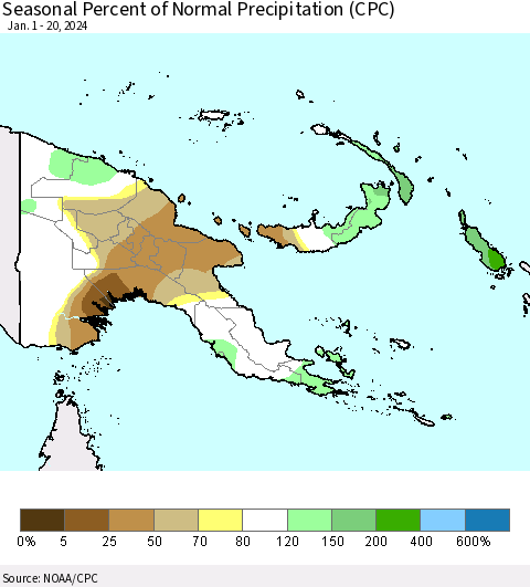 Papua New Guinea Seasonal Percent of Normal Precipitation (CPC) Thematic Map For 1/1/2024 - 1/20/2024
