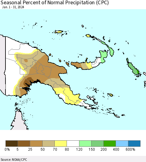 Papua New Guinea Seasonal Percent of Normal Precipitation (CPC) Thematic Map For 1/1/2024 - 1/31/2024