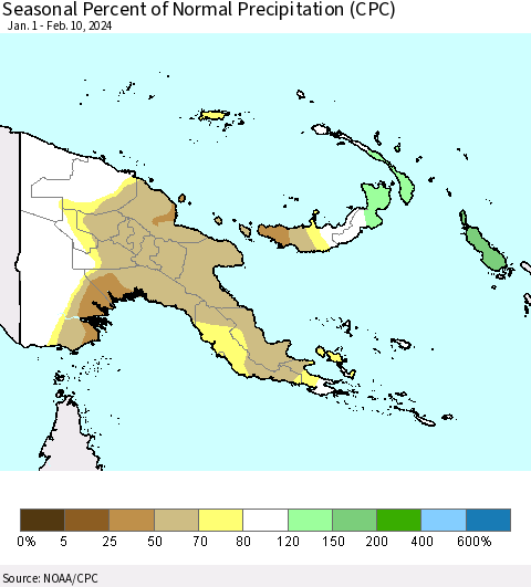 Papua New Guinea Seasonal Percent of Normal Precipitation (CPC) Thematic Map For 1/1/2024 - 2/10/2024