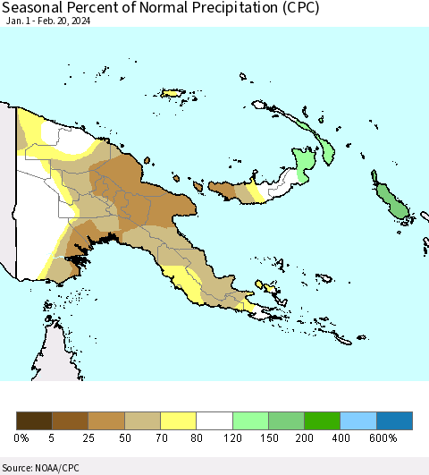 Papua New Guinea Seasonal Percent of Normal Precipitation (CPC) Thematic Map For 1/1/2024 - 2/20/2024