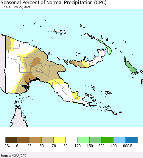 Papua New Guinea Seasonal Percent of Normal Precipitation (CPC) Thematic Map For 1/1/2024 - 2/29/2024