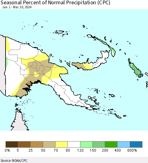 Papua New Guinea Seasonal Percent of Normal Precipitation (CPC) Thematic Map For 1/1/2024 - 3/10/2024