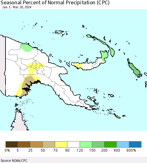 Papua New Guinea Seasonal Percent of Normal Precipitation (CPC) Thematic Map For 1/1/2024 - 3/20/2024