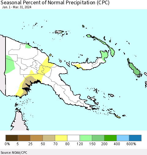 Papua New Guinea Seasonal Percent of Normal Precipitation (CPC) Thematic Map For 1/1/2024 - 3/31/2024