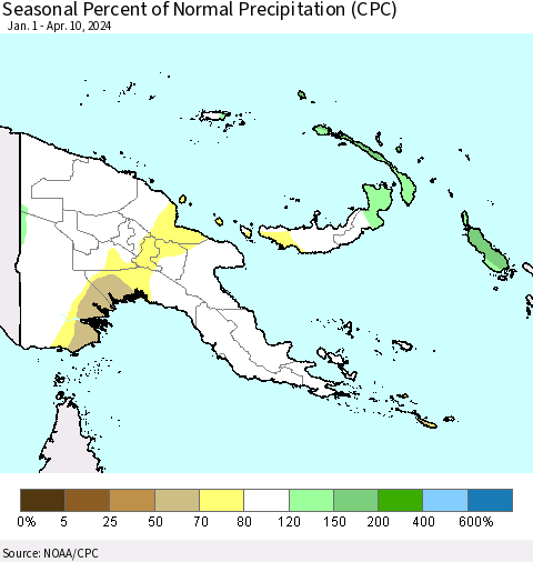 Papua New Guinea Seasonal Percent of Normal Precipitation (CPC) Thematic Map For 1/1/2024 - 4/10/2024