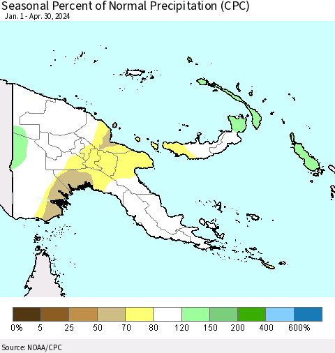 Papua New Guinea Seasonal Percent of Normal Precipitation (CPC) Thematic Map For 1/1/2024 - 4/30/2024