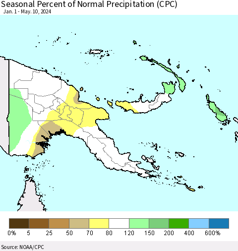 Papua New Guinea Seasonal Percent of Normal Precipitation (CPC) Thematic Map For 1/1/2024 - 5/10/2024