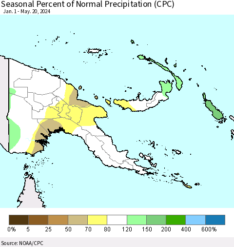 Papua New Guinea Seasonal Percent of Normal Precipitation (CPC) Thematic Map For 1/1/2024 - 5/20/2024