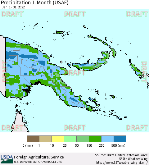 Papua New Guinea Precipitation 1-Month (USAF) Thematic Map For 1/1/2022 - 1/31/2022