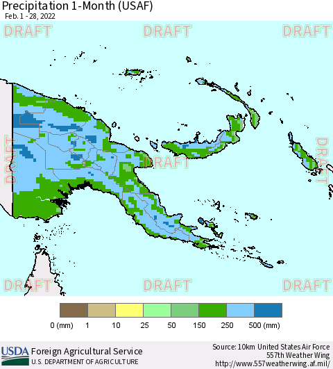 Papua New Guinea Precipitation 1-Month (USAF) Thematic Map For 2/1/2022 - 2/28/2022