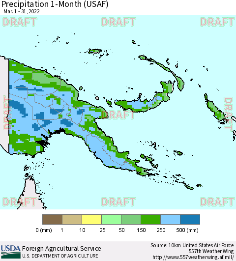 Papua New Guinea Precipitation 1-Month (USAF) Thematic Map For 3/1/2022 - 3/31/2022